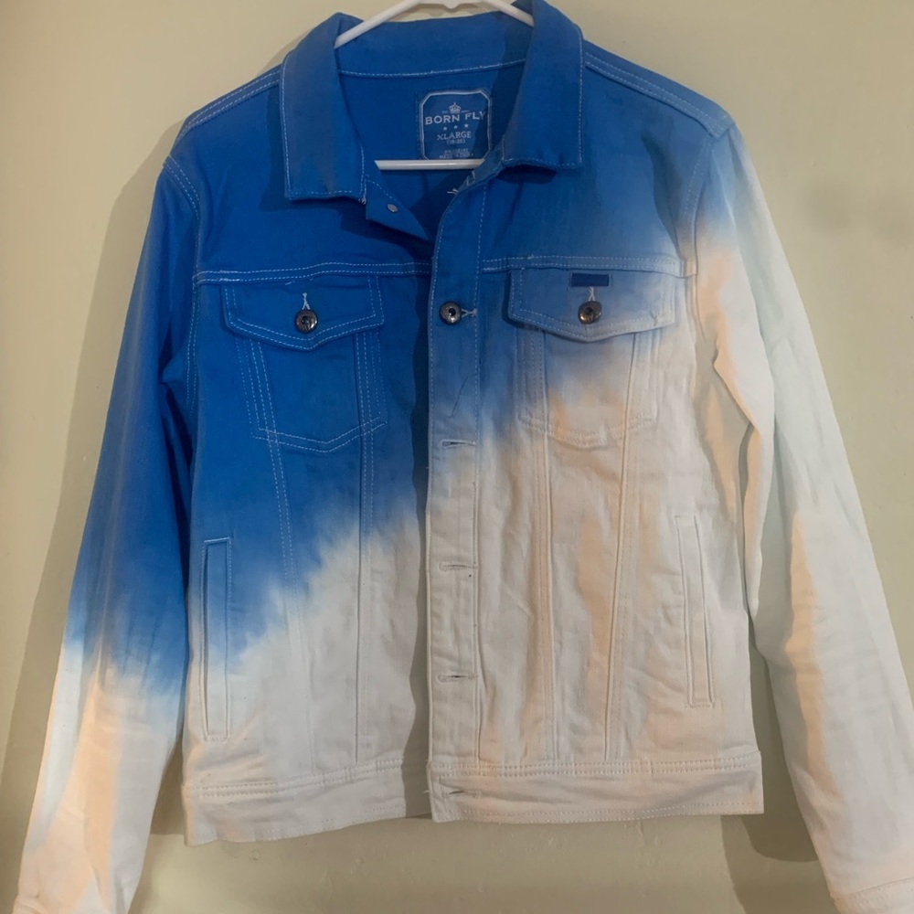 Born to fly jeans jacket , blue and white